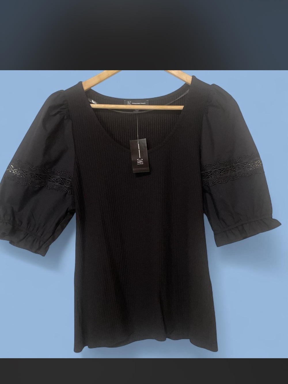 INC International Concepts Black Puff Sleeve Lace-Trim Top
